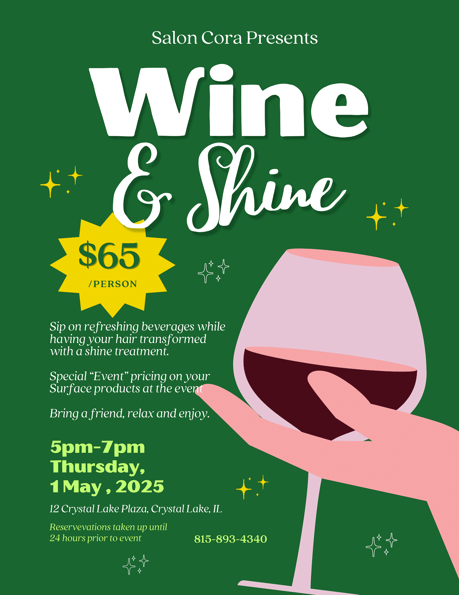 Wine & Shine event poster: hair treatment, drinks, May 1, 2025, 5-7pm, Crystal Lake, IL.