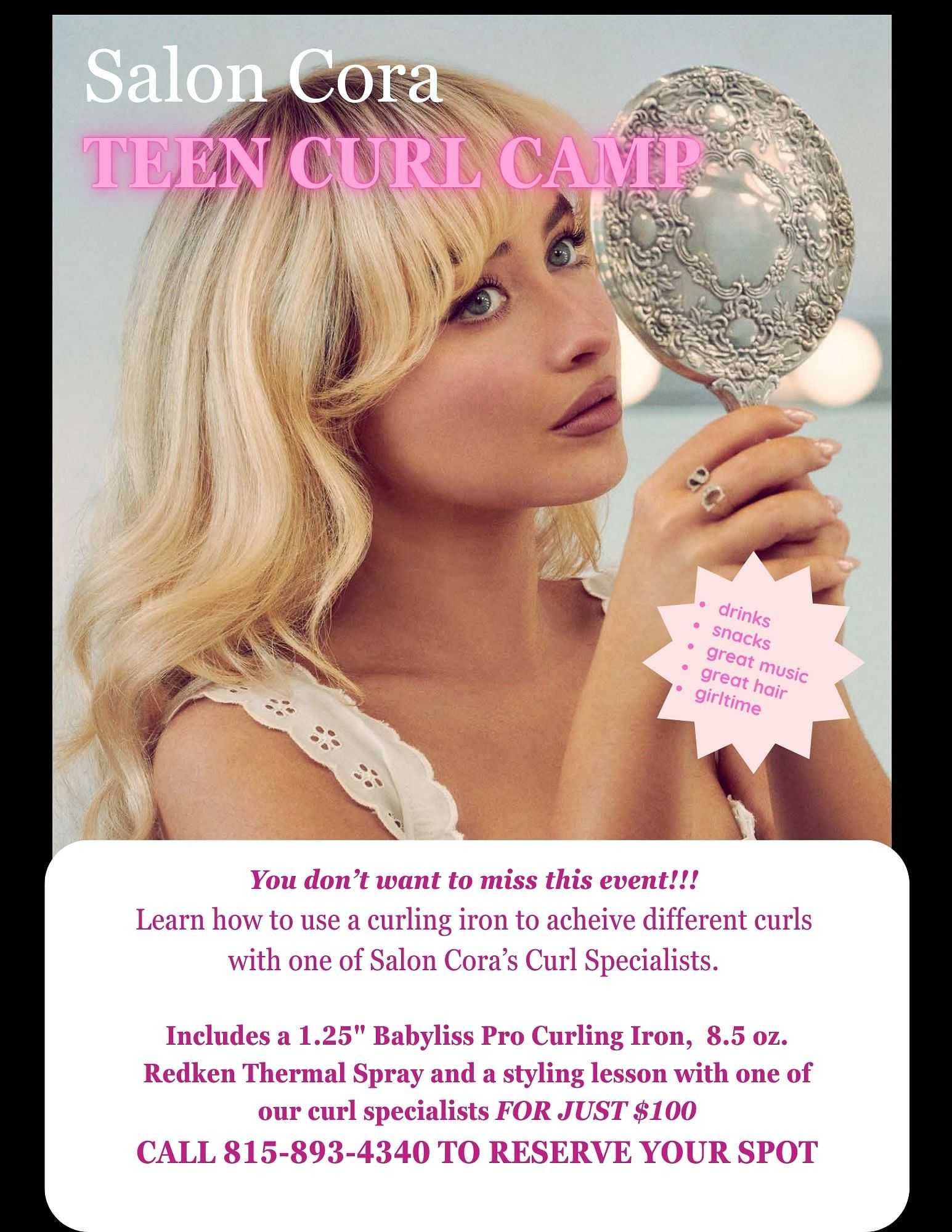 Teen Curl Camp poster featuring woman with curling iron. Contact to reserve a spot.